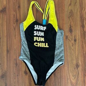 Big Chill gray and yellow surf sun fun chill one piece swimsuit bathing suit gir
